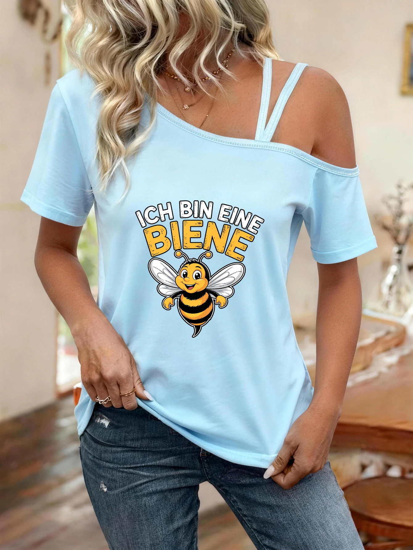 Printed Y2K Style Spring and Summer Hot-Selling Women's Fashionable Casual One-Shoulder Strap Short-Sleeve Top