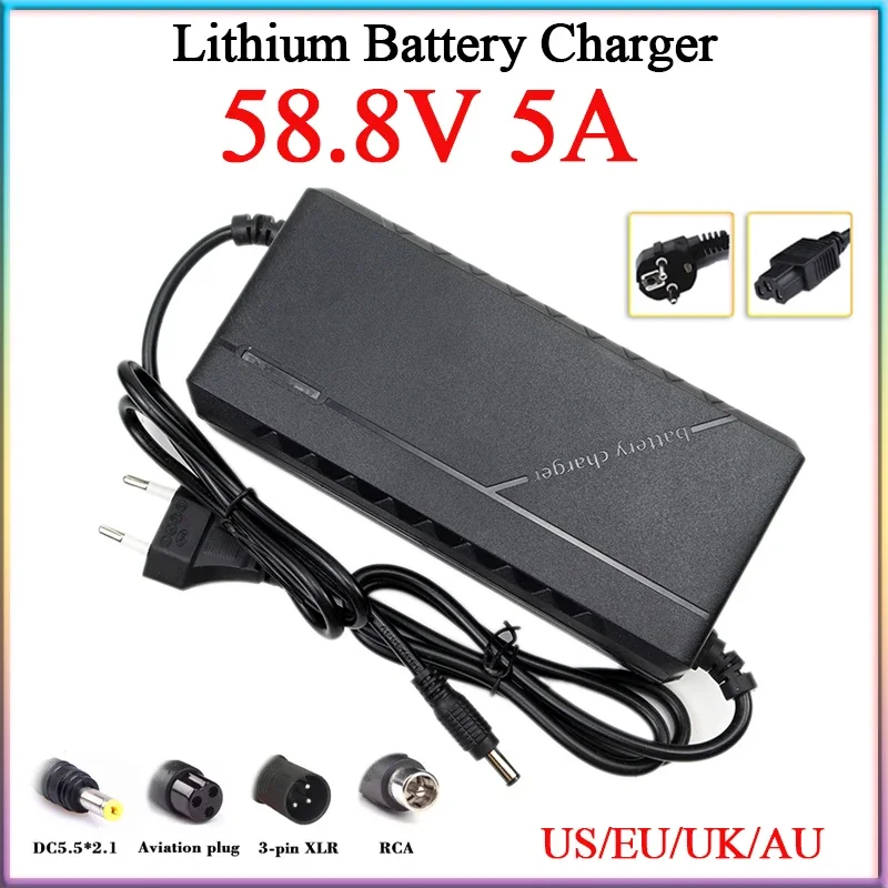 58.8V 5A Lithium Battery Charger AC100-240V With Fan For 14S 52V Electric two wheelers/Motorbike Li-ion Cell Fast Charging EU/US