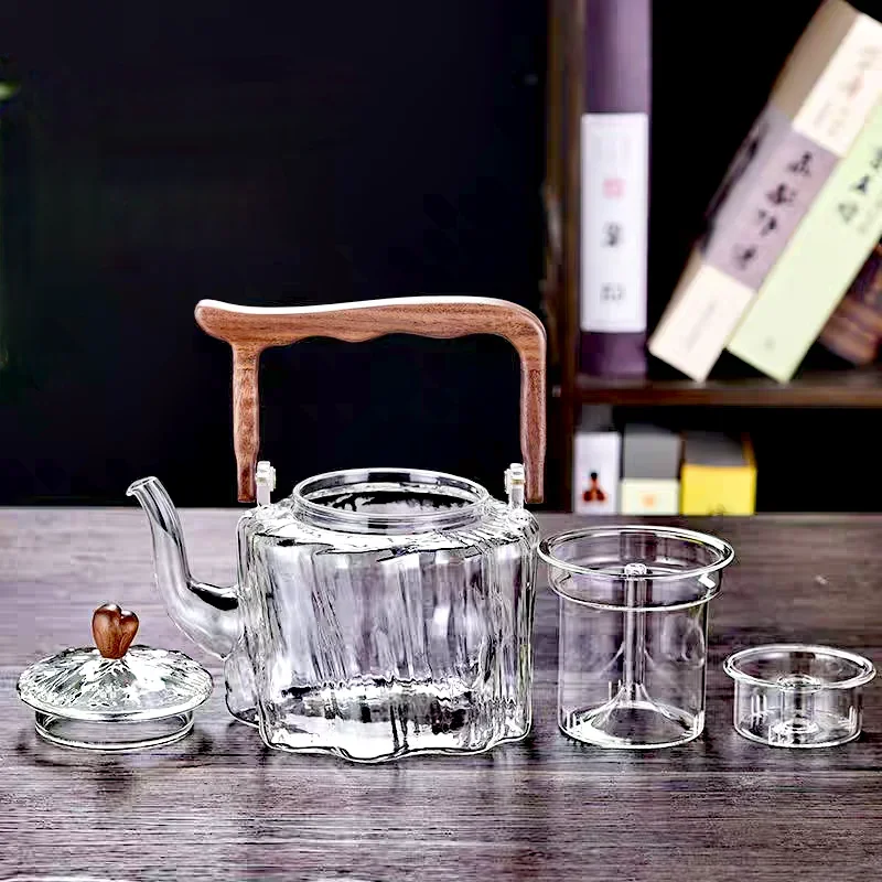 1300ml Wooden Beam Handle Heat-resistant Borosilicate Glass Teapot , Stovetop Safe Tea Kettle with Infuser for Puer/Flower Tea