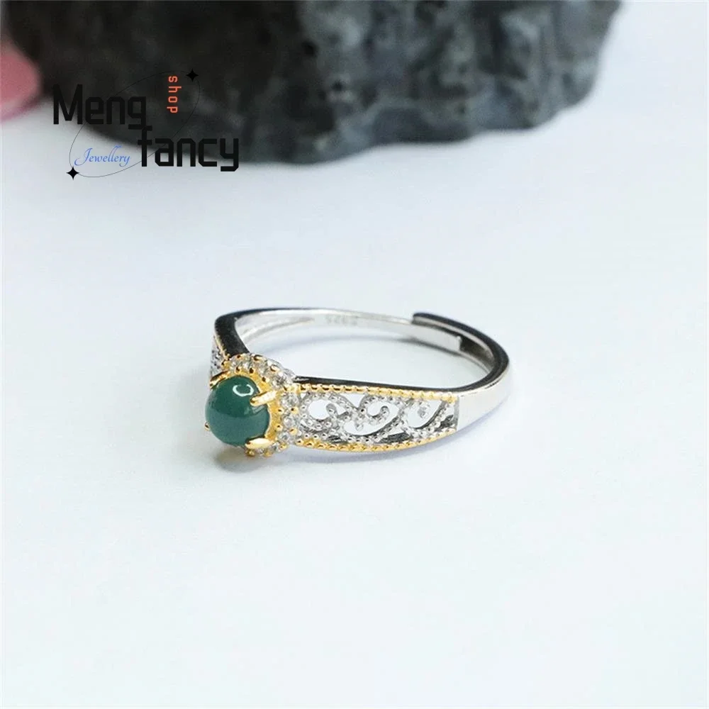 S925 Silver Lnlaid Natural Jadeite Icy Blue Water Jade Ring Exquisite Elegant Simple High-grade Couple Luxury Quality Jewelry