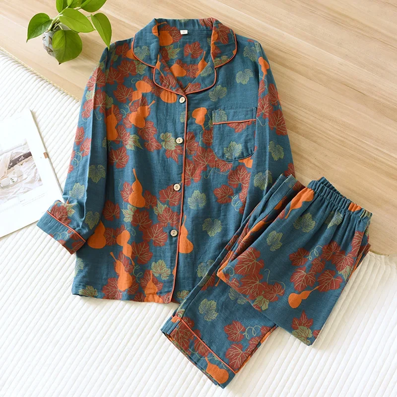 

Spring and Autumn New Women's Pajama Set 100% Cotton Vintage Long Sleeved Pants Two Piece Set for Home Furnishings
