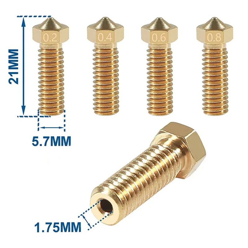 2/5pcs 3D Printer Nozzle E3D V5 V6 Volcano Nozzle 0.2/ 0.3/ 0.4/ 0.5/ 0.6/ 0.8/1.0/mm 1.75mm Filament Extruder Head M6 Threaded