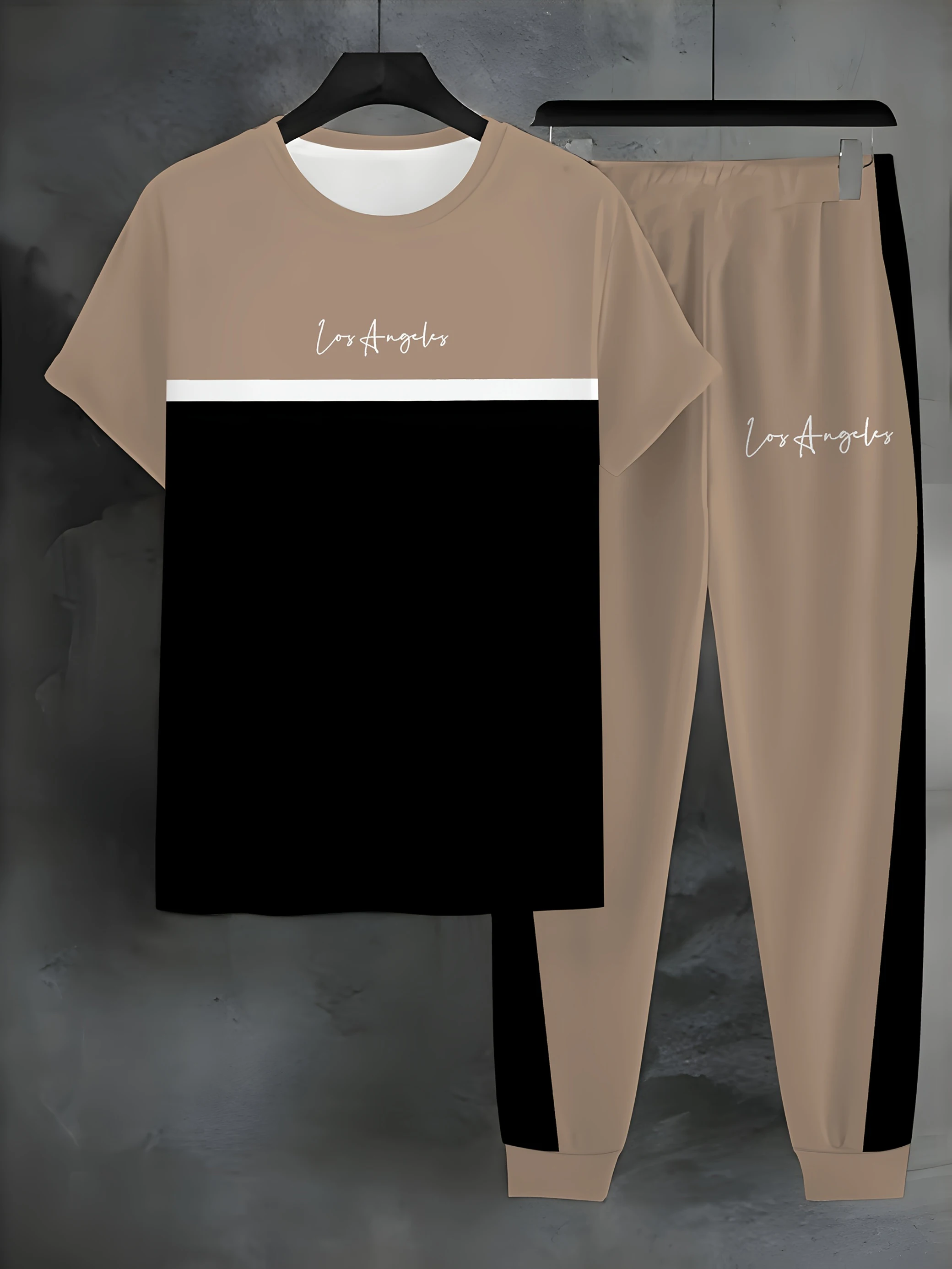 

Men's Summer Autumn 3D Color Block Letter Print Street Style Quick Dry Sporty Outfit Short Sleeve Drawstring Pants Two Piece Set