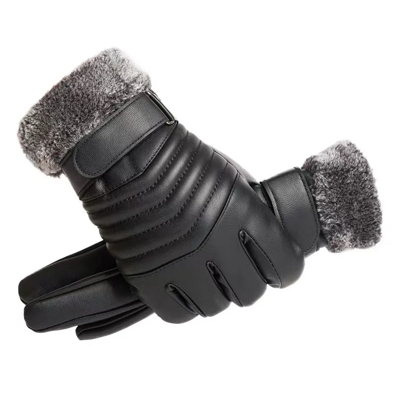 Winter Warm Black PU Gloves MEN'S Fur Mouth Plush Insulation Mittens Male Outdoor Cycling Motorcycle Touch Screen Cotton Gloves