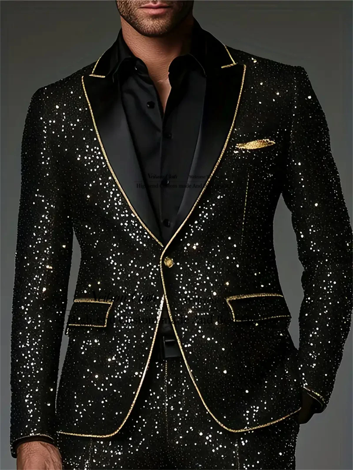 

Fashion Black Sequin Male Prom Blazers 2 Pcs Sets One Button Groom Wedding Tuxedos Customized Peaked Lapel Terno Masculino