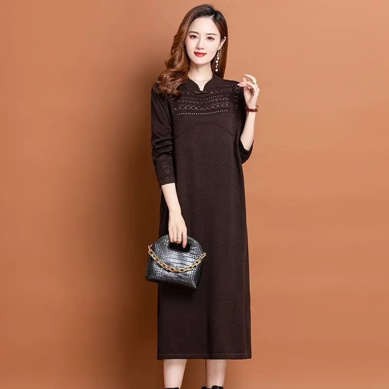Robe Cheongsam à col montant pour femmes, robes pull longues, motif imprimé, mince, surdimensionné, femme, nouvelle mode, automne, hiver, 107, 2023
