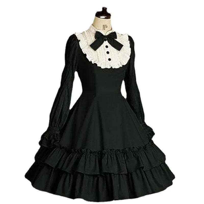 

Sweet Girls Vintage Slim Cotton Dress Lolita Classic Mary Magdalene Women Bow Tie Ruffle Layer Princess Mini Costume For Ladies