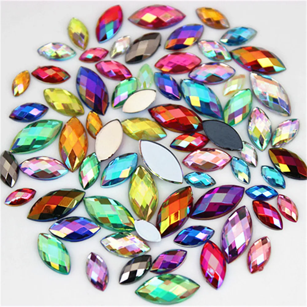 100PCS Mixed Sizes Horse eye AB Acrylic Rhinestones 3D Nail Art Rhinestones Non Hotfix Flatback Stones Decorations MC888