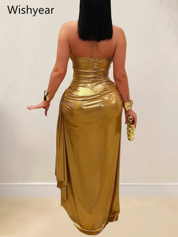 Gold Metallic Draped Maxi Dress Women’s Halter Deep V Neck Cutout Long Dresses for Evening Wedding Birthday Holiday Clubwear