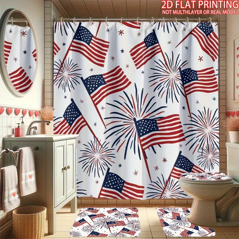 

2D Flat American Flag Fireworks Print Shower Curtain Set with Non Slip Mat Toilet Lid Cover 12 Plastic Hooks Bathroom Holiday