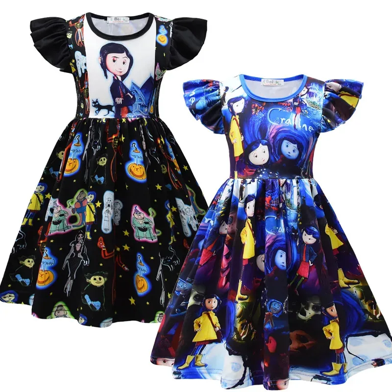 

Cartoon Coraline Baby Girl Dresses Kids Coraline Printing Clothes Cosplay Costume Children Fly Sleeve Casual Dress Birthday Gift
