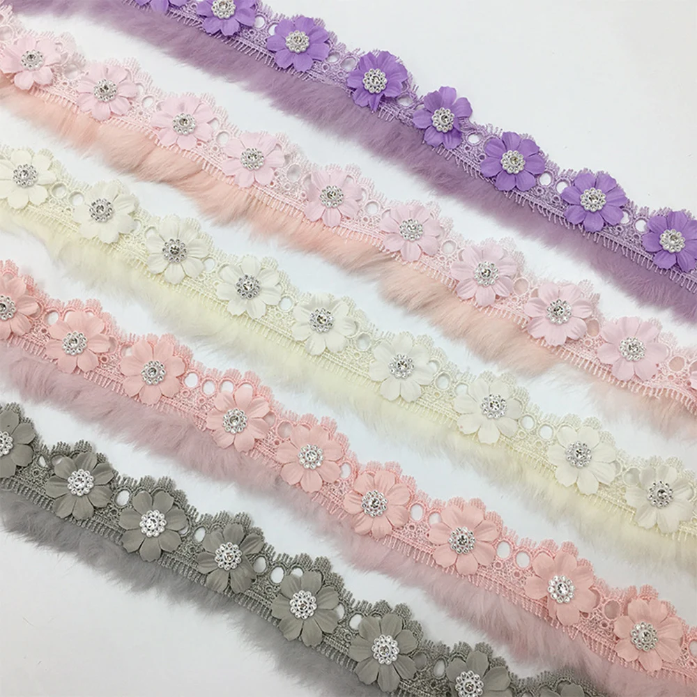 

1 Yard 5.5CM Silk Pom Colorful Flower Patch Lace Trim Rhinestone Pompom Fringe Sewing Ribbon Fabric Handmade Wedding Dress Craft