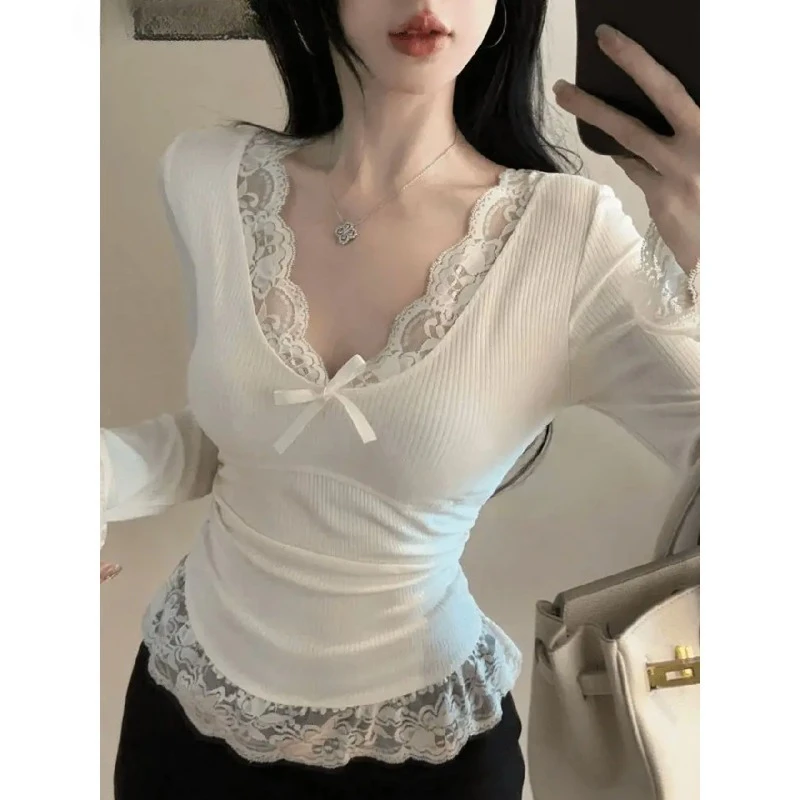 

Футболка женская однотонная белая весна-осень базовая сексуальная в корейском стиле с кружевом