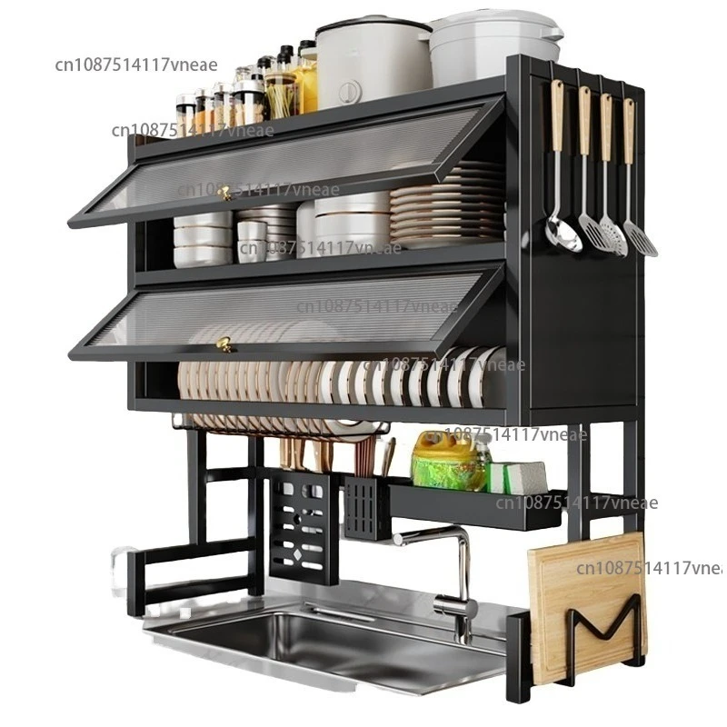 Carbon Steel Double-Layer Dishwashing Sink Rack Kitchen Countertop Dust-Proof Dishware Drain Rack