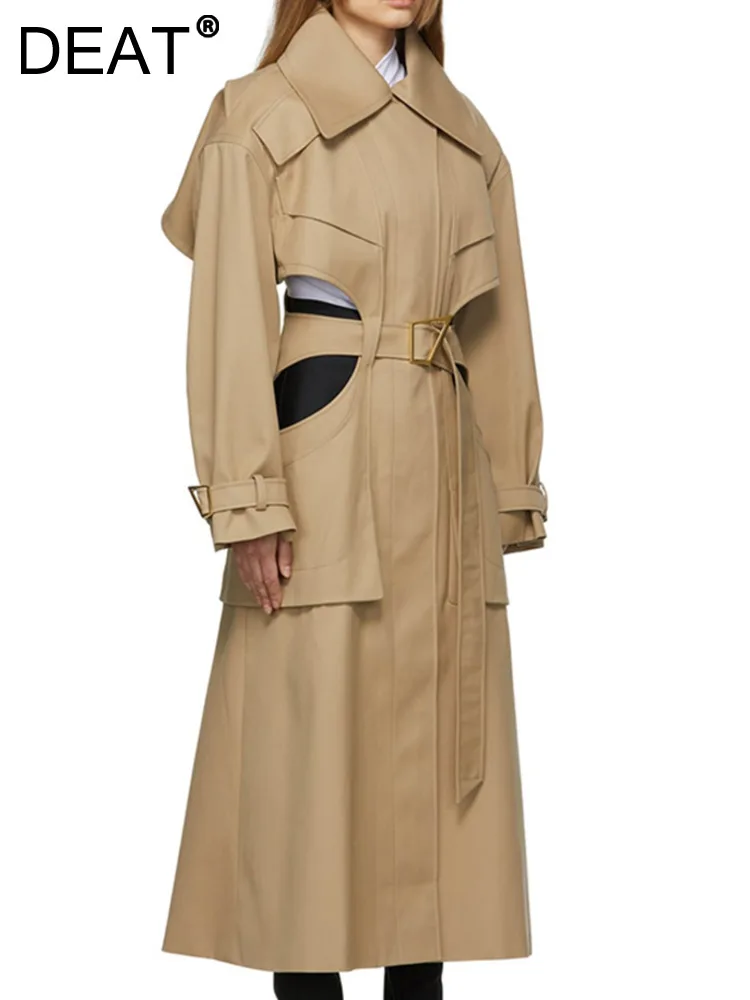 DEAT Fashion Women\'s Trench Coat Laple Belt Waist Hollow Out Deconstruct Spliced Windbreaker Female Spring 2024 New Tide 17A2730