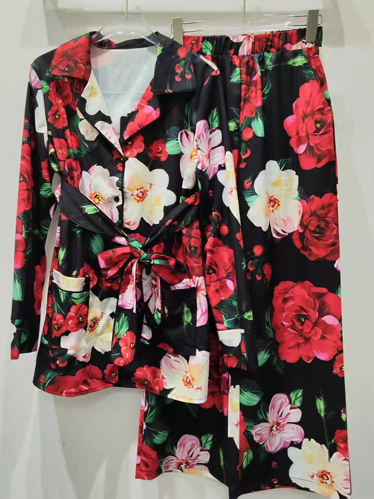 

Flower print lapel single-breasted long-sleeved shirt+elastic waist wide-leg trousers spring new two-piece fashion women's suit