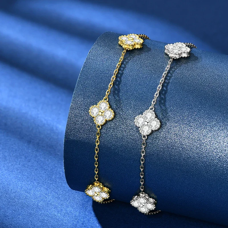 

18k Gold Plated 925 Silver 3mm Moissanite Necklace Earrings Bracelet Sets 3 In 1 Clover Flower Charm Jewelry Set for Women Gift