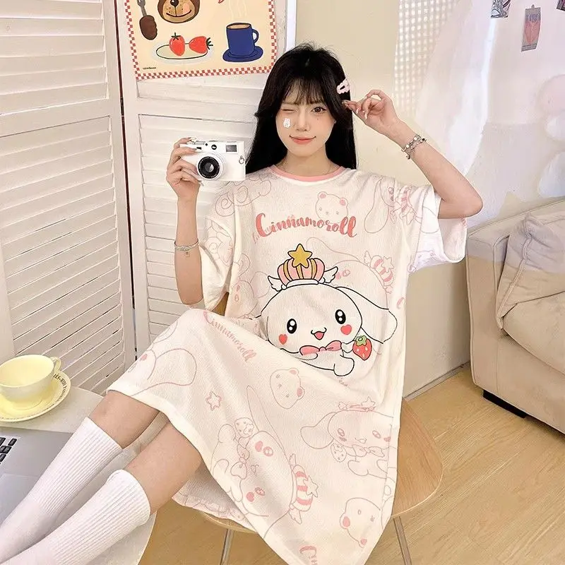 

Летнее платье с короткими рукавами Cinnamoroll из мультфильма для девочек, милое свободное повседневное платье с большими ушами собаками и мелодией для детей/взрослых, новое