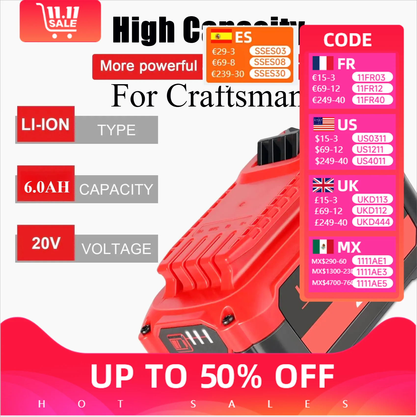 

6Ah For Craftsman V20 Battery Pack Lithium Ion Compatible for Craftsman CMCB202 CMCB204 CMCB205 CMCB206 CMCB209 18650.00