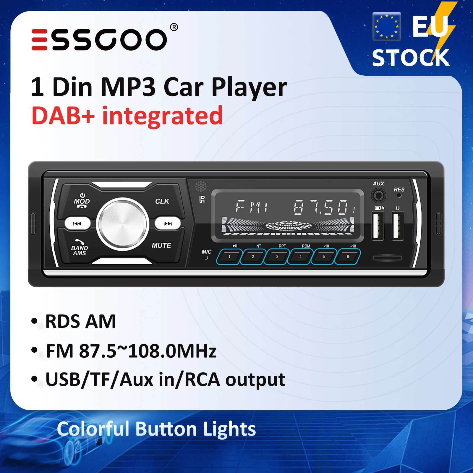 ESSGOO 1 Din DAB DAB+ RDS AM FM Stereo Radio MP3 Car Player Autoradio 7 Colors Button Bluetooth Central Multimedia Car Audio