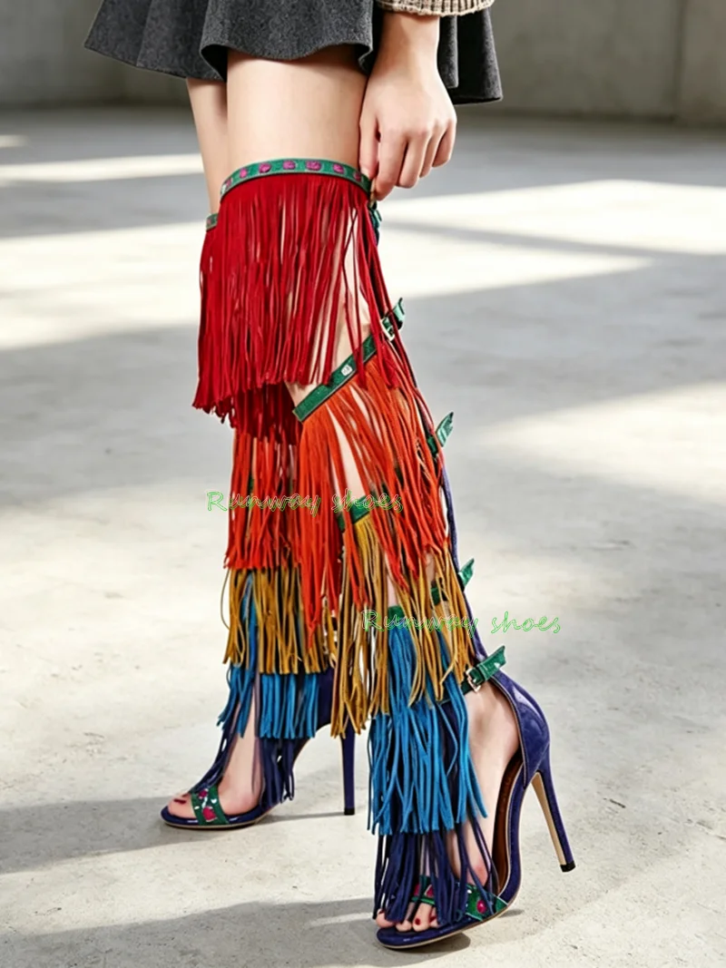 Rainbow Gradient Tassel Over The Knee High-Heeled Boots Stage Performance Party Roman Sandals Gladiator Luxury High Heels 2026