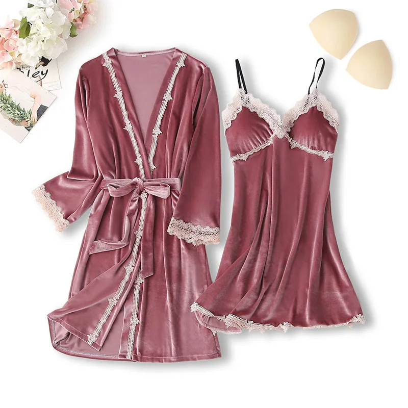 Spring Autumn Velour Sleepwear Soft 2PCS Nighty&Robe Suit Casual Nightwear Nightgown Velvet Kimono Bathrobe Gown Nightdress