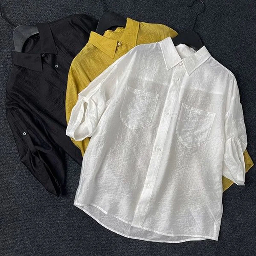 Mens Shirt Thin Sun Protection Casual Basic Shirt Summer Couple Breathable Casual Solid Color Simple Tops Men'S Clothing 2024