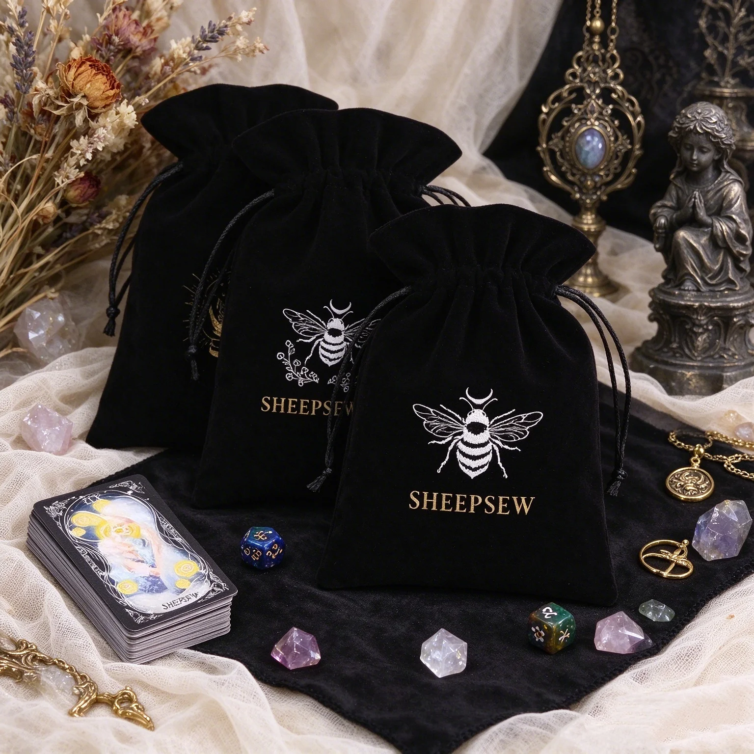 SHEEPSEW 1Pcs Black Velvet Tarot Drawstring Storage Pouch Gold Print Witch Divination Supplies Crystal Dice Board Game Holder
