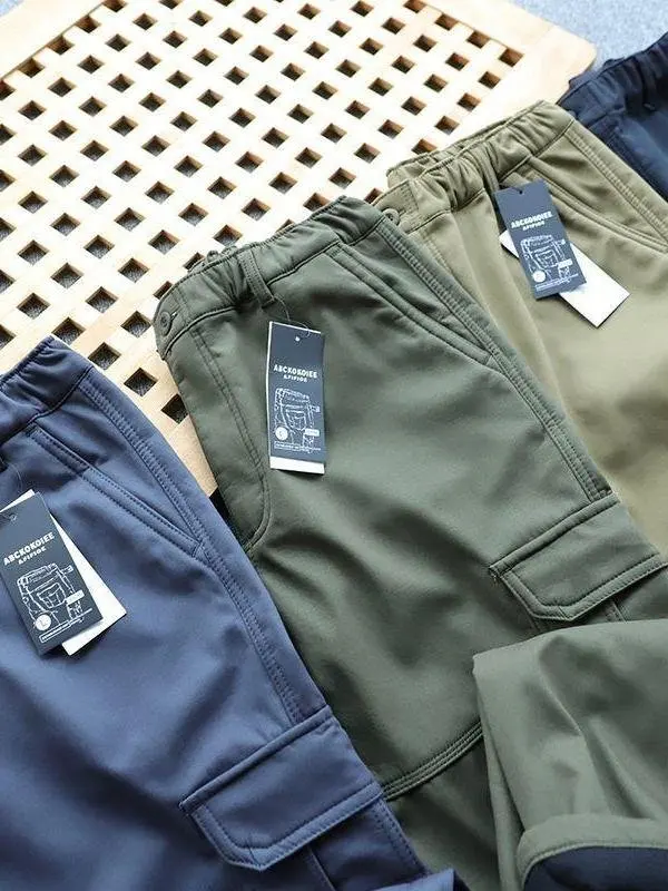 

Thiened Fce Lined Windproof Waterproof Men's Workwear Trousers Multiple kets Long Pants Winter Ci Walk Casual Pants