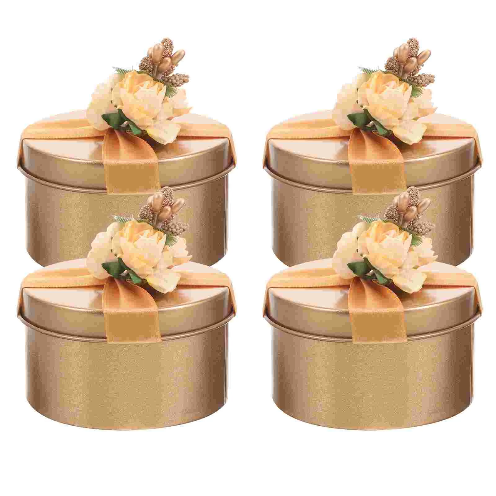 4 Pcs Party Favor Boxes Tea Storage Containers Wedding Candy Round Gift Tin Golden Iron Empty