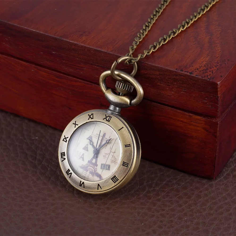 Small pocket watch Bronze single case quartz Roman scale tower design yellow pocket watch hang watch