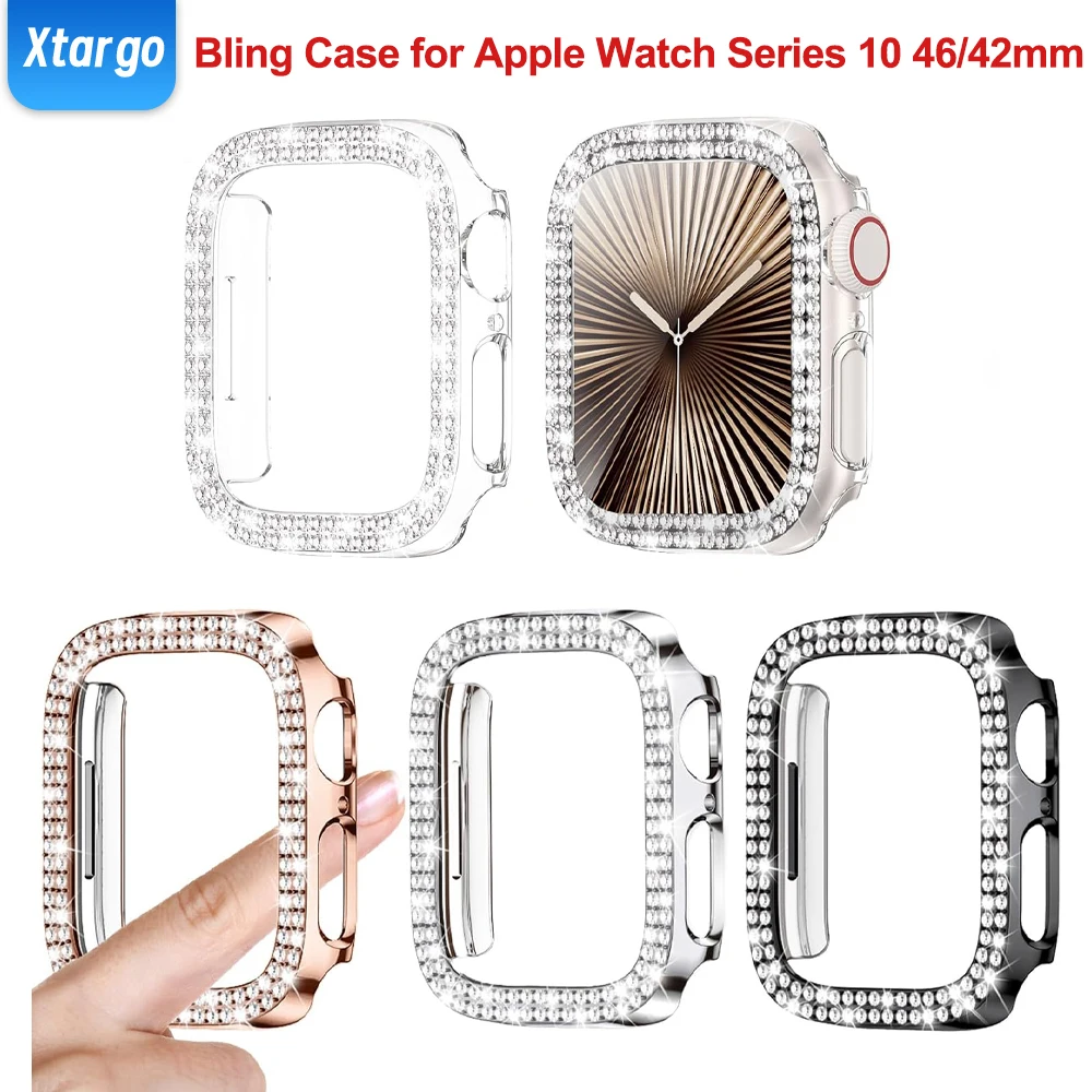 Bling Case for Apple Watch Series 10 46/42mm Double Diamond Crystal Bumper Protective Cover Anti-Drop Bumper Case for iWatch S10