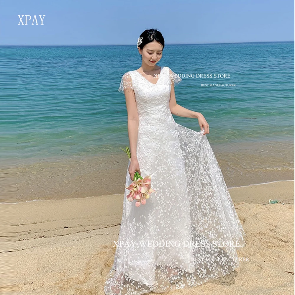 

XPAY Elegant A Line Floral Lace Beach Garden Wedding Dresses Korea Photoshoot V Neck Short Sleeves Floor Length Bridal Gowns