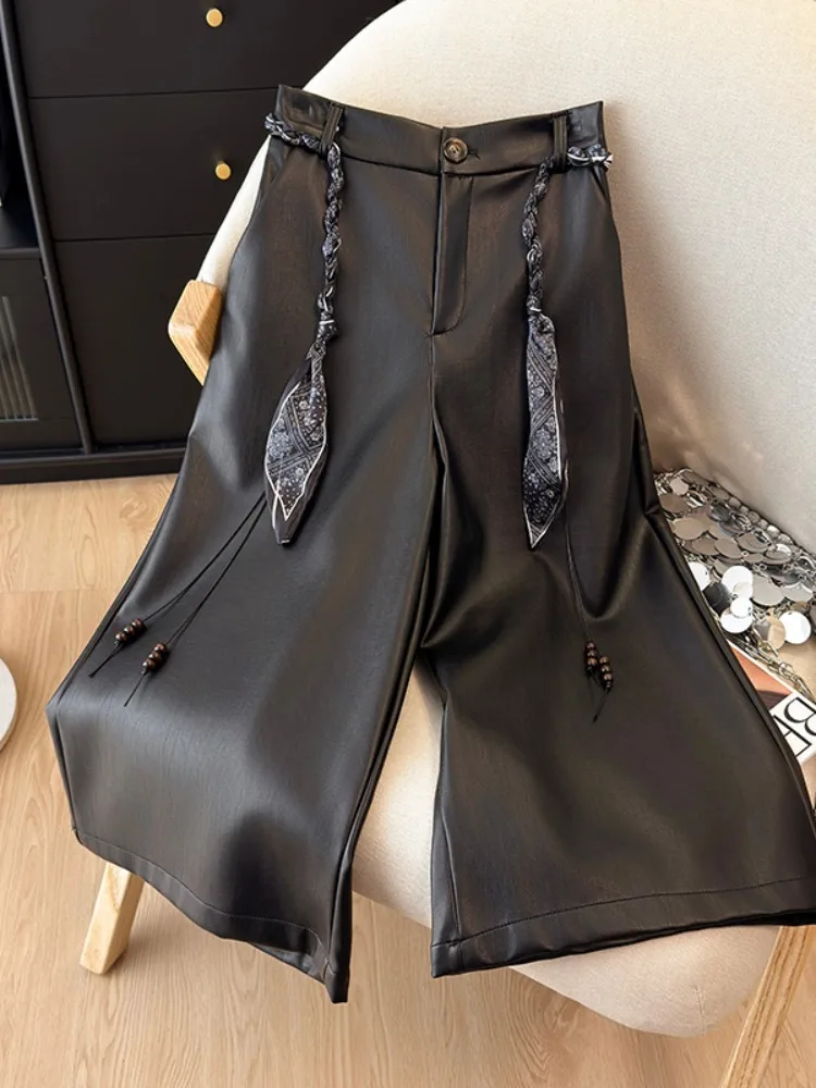 Calças Largas de Couro PU Marrom Retro Americana para Mulheres, Roupas Externas Soltas, Calças Bootcut Retas para Outono e Inverno