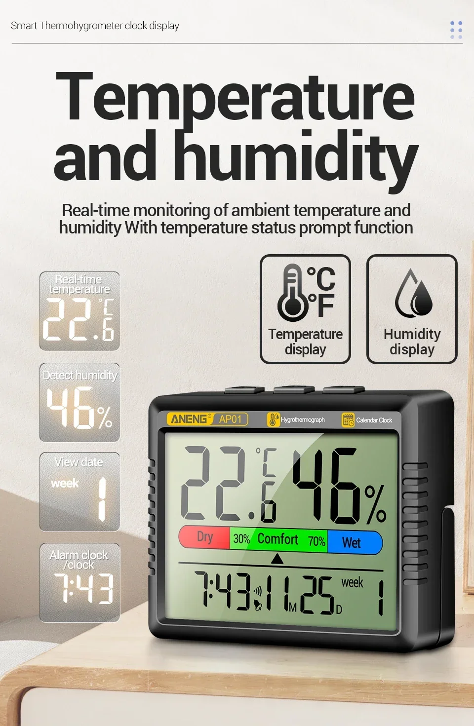 ANENG AP01 LCD Digital-Thermo-Hygrometer, elektronische Innenuhr, Multiszenenmessung, Lufttemperatur-Hygrometer, Testwerkzeuge – Detail 4
