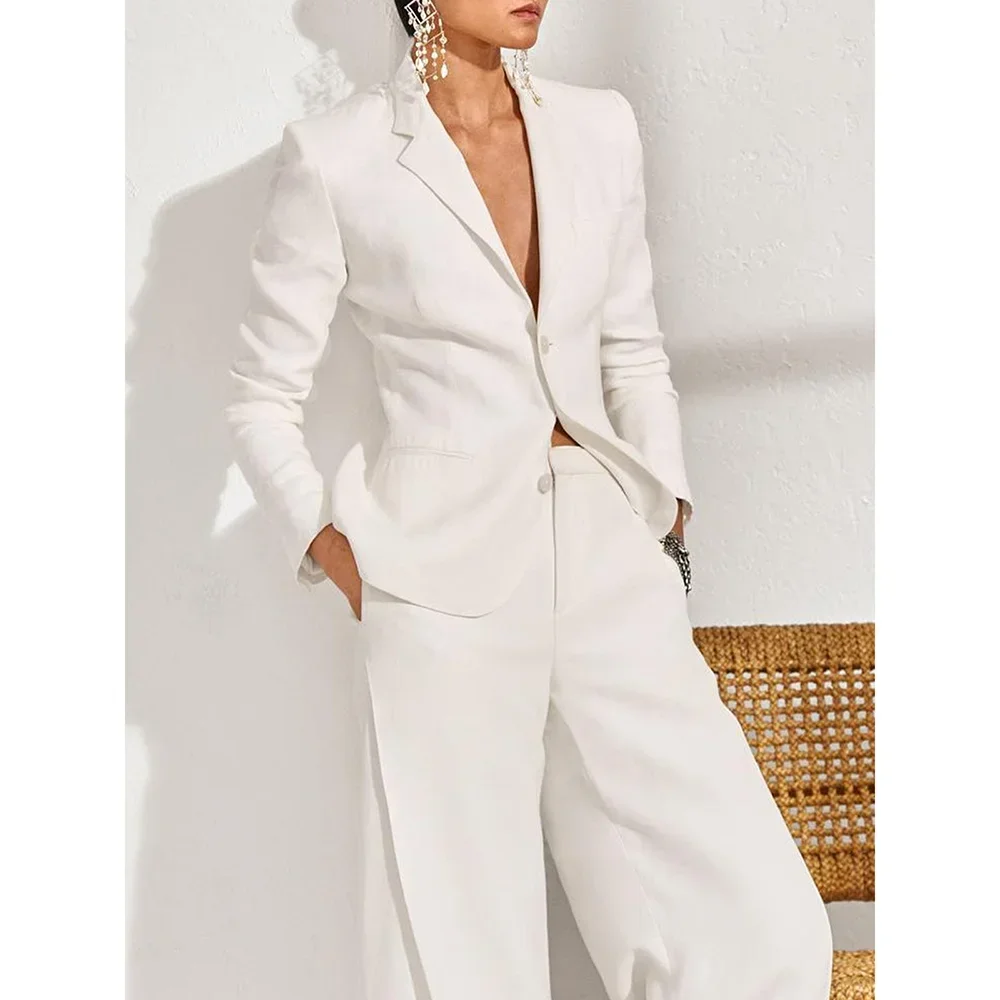 Summer Linen Women Pants Sets White Fashion Notch Lapel Single Breasted 2 Piece Elegant Chic Daily Casual Office Female Suit