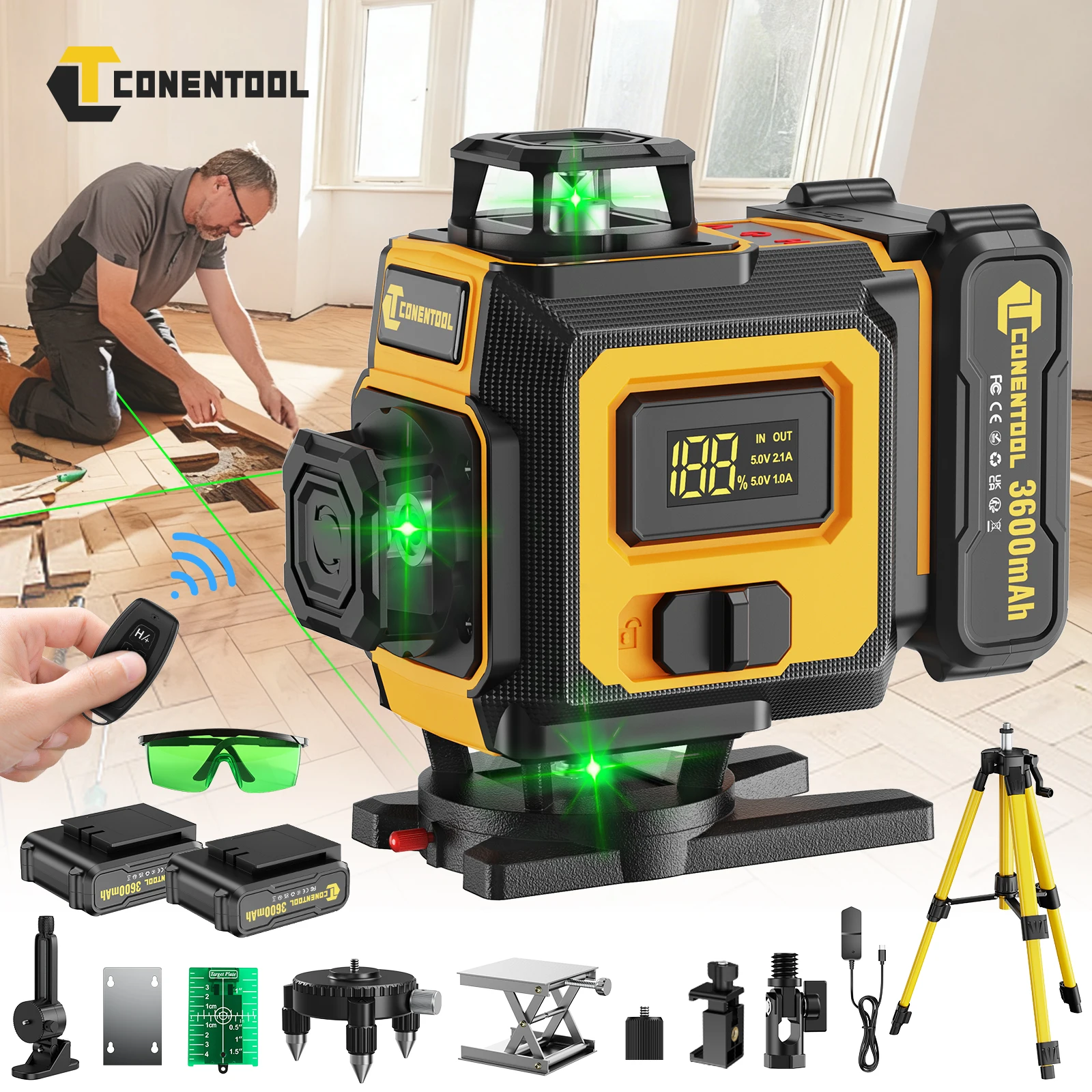 CONENTOOL 4D 16 Linien Grüner Laser-Nivellierer Selbstnivellierend mit Stativ Fernbedienung 2 Batterien für Wand Fliesen Boden Decke