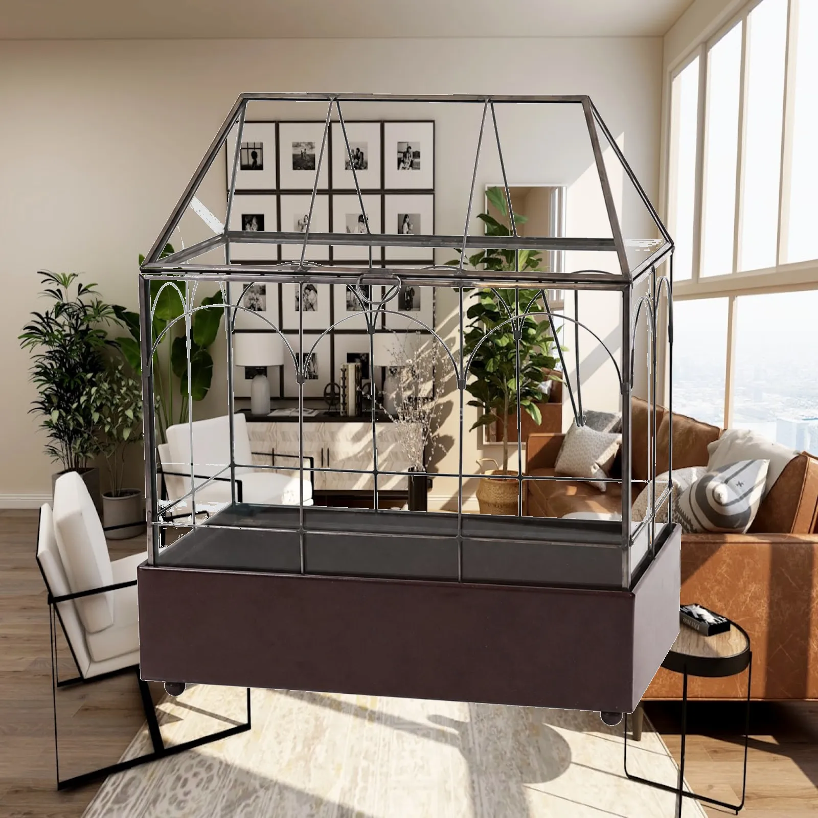 Geometric Glass Plant Display House Classical Style Glass Plant House with Water-Collection Tray Tabletop Greenhouse Compact