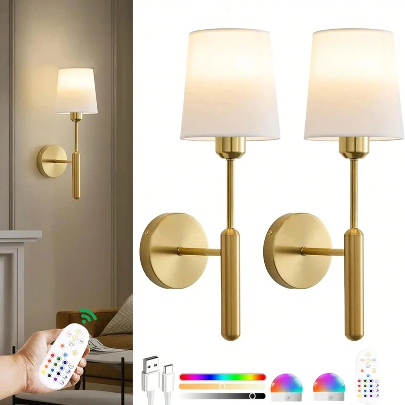 Modern Brass Wall Sconce White Fabric Shade Gold Metal Vertical Rod LED Wall Lamp For Bedroom Bedside Hotel Corridor Living Room