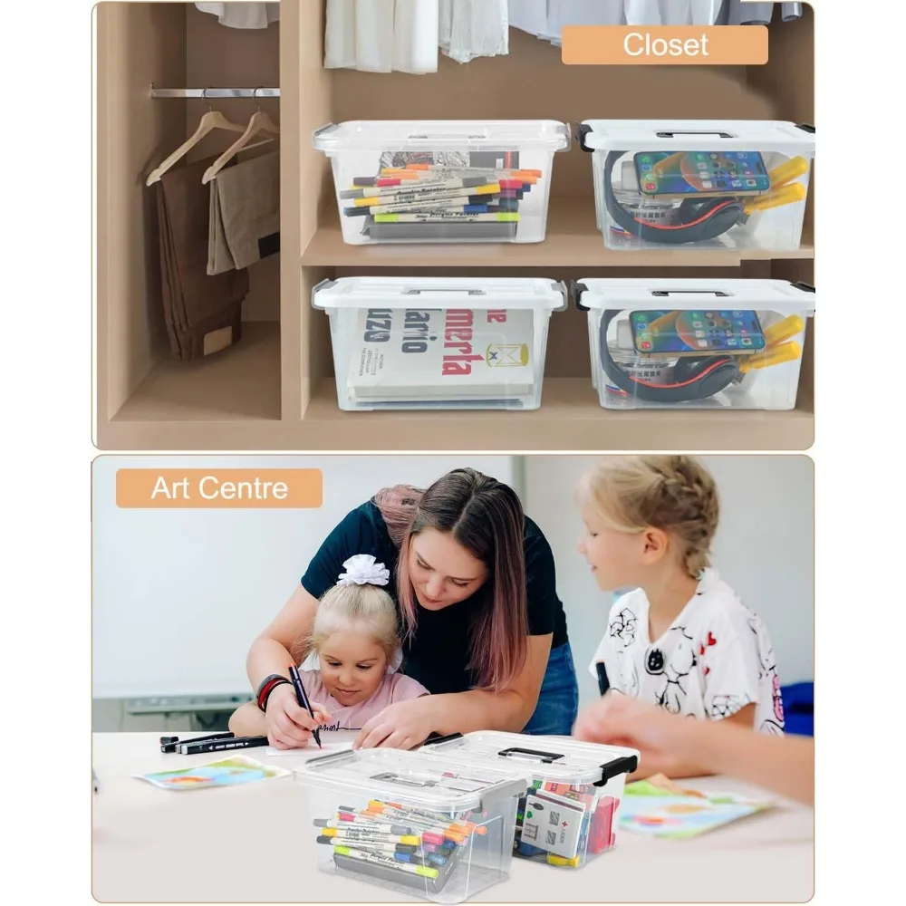 Caixas de armazenamento de plástico transparente com tampas, organizador empilhável para despensa de escritório doméstico, alça fácil e travas de fivela, pacote com 6