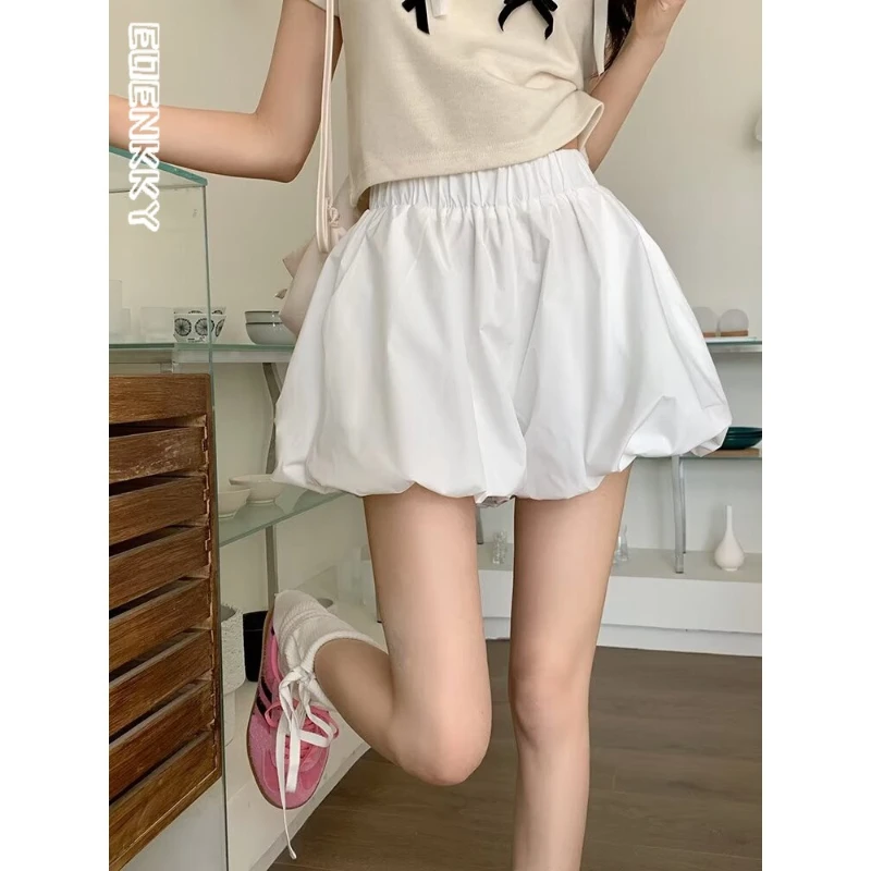 Summer Fluffy Shorts Women Korean Loose High Waist White A Wide-leg Short Pants Street Fashion Cute Casual Bud Trousers Female