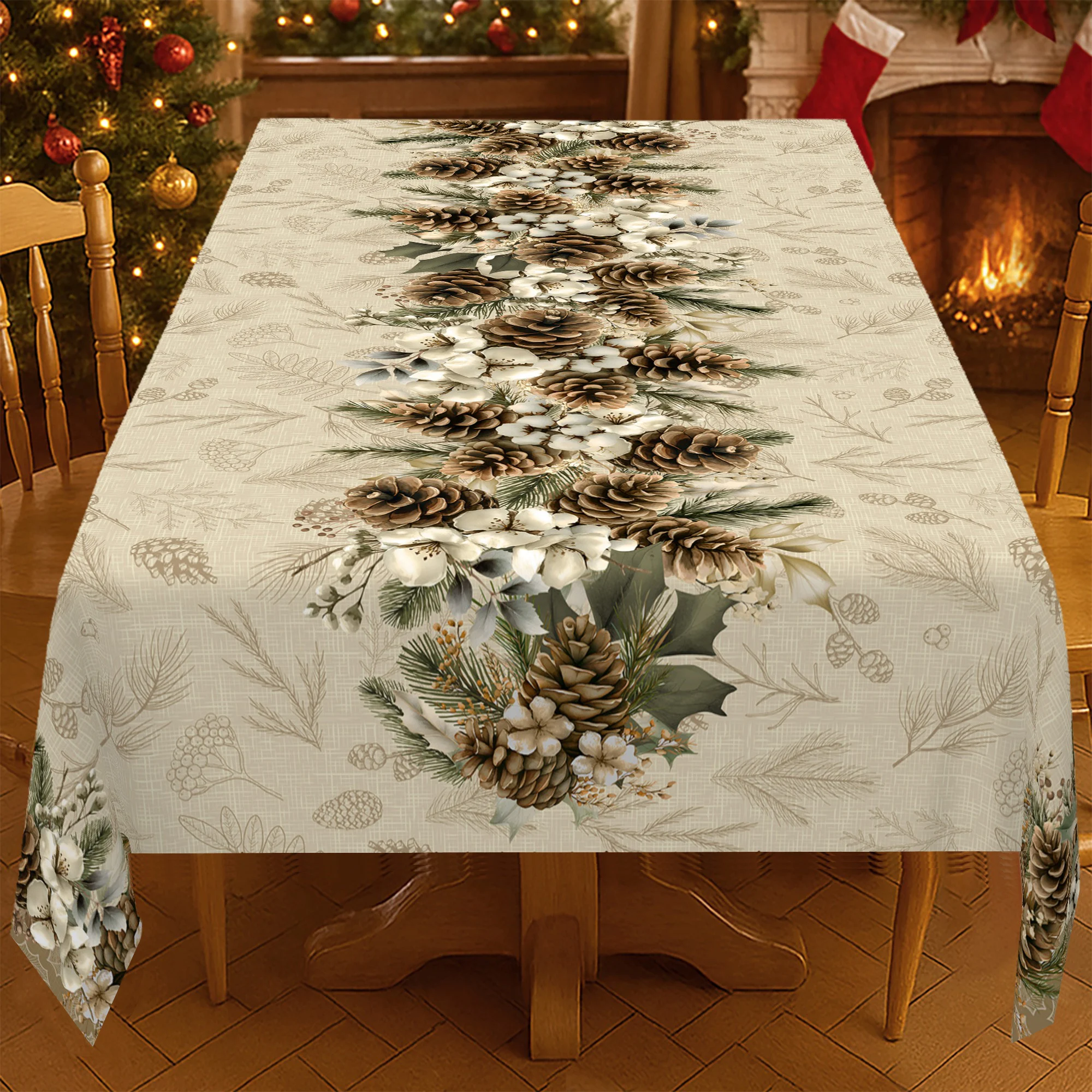 1 PC 2D planar rectangular pine forest branch and pinecone tablecloth with natural pine needles and pinecones design