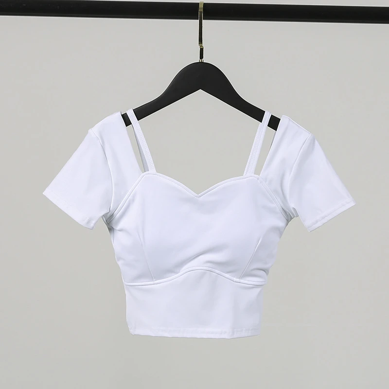 Summer fitness top with chest cushion, yoga suit short sleeved women's fashionable sports hot girl slim fit casual short top