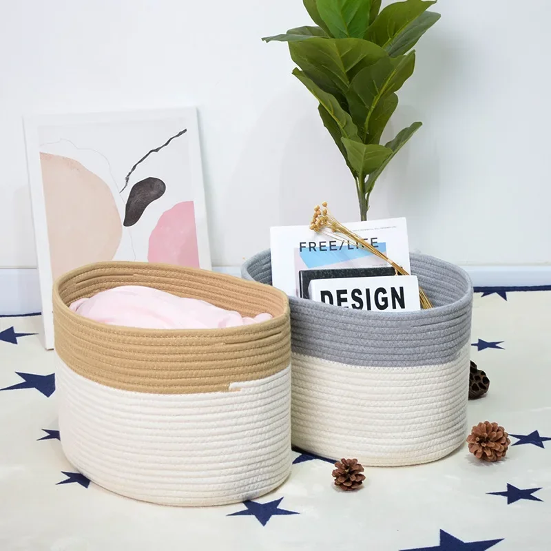 Woven Cotton Rope Basket with Handle Desktop Box Decorative Baskets for Bathroom Toy Book Towel Cube Bin Blanket