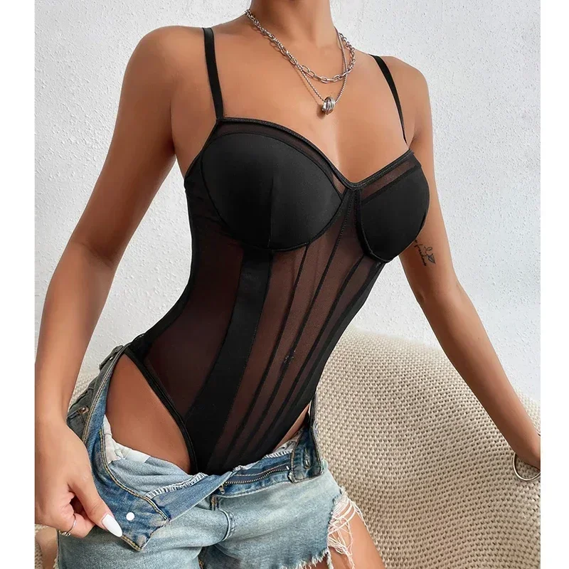 Black Skinny See Thorugh One Pieces Bodysuit for Women Sexy Adjustable Strap Padded Push Up Bra Romper Playsuits