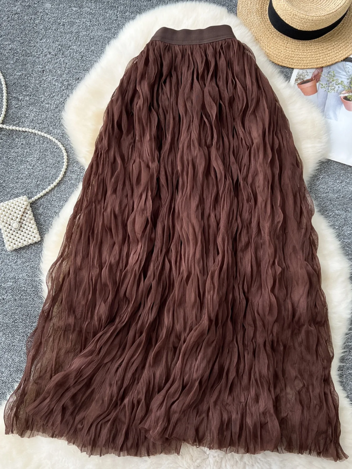 Elegant Fairy Half Skirt 2024 New High Waist A-Line Midi Tulle Skirt Pleated Draped Feelings Polyester Fiber Commute Style