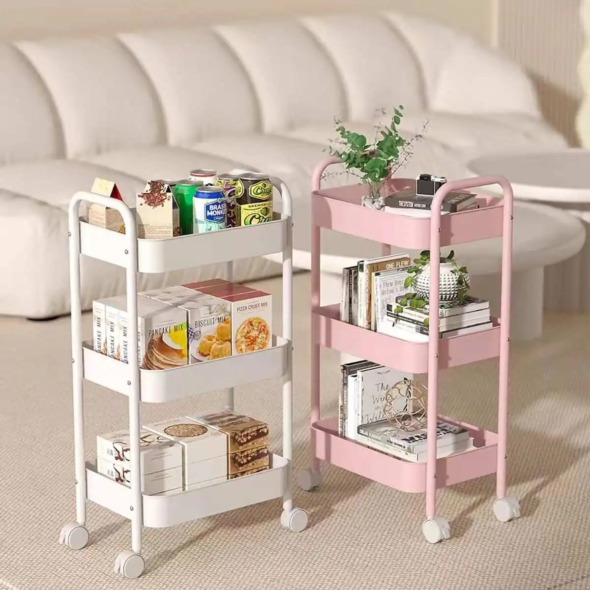 Heavy Duty Metal Mesh 3-Tier Rolling Utility Cart with Lockable Wheels, 66lbs Max Capacity - Freestanding Bathroom Organizer, Multifunctional Racks for Kitchen, Office - Cart with Wheels, Pink Apartment Storage Accessory