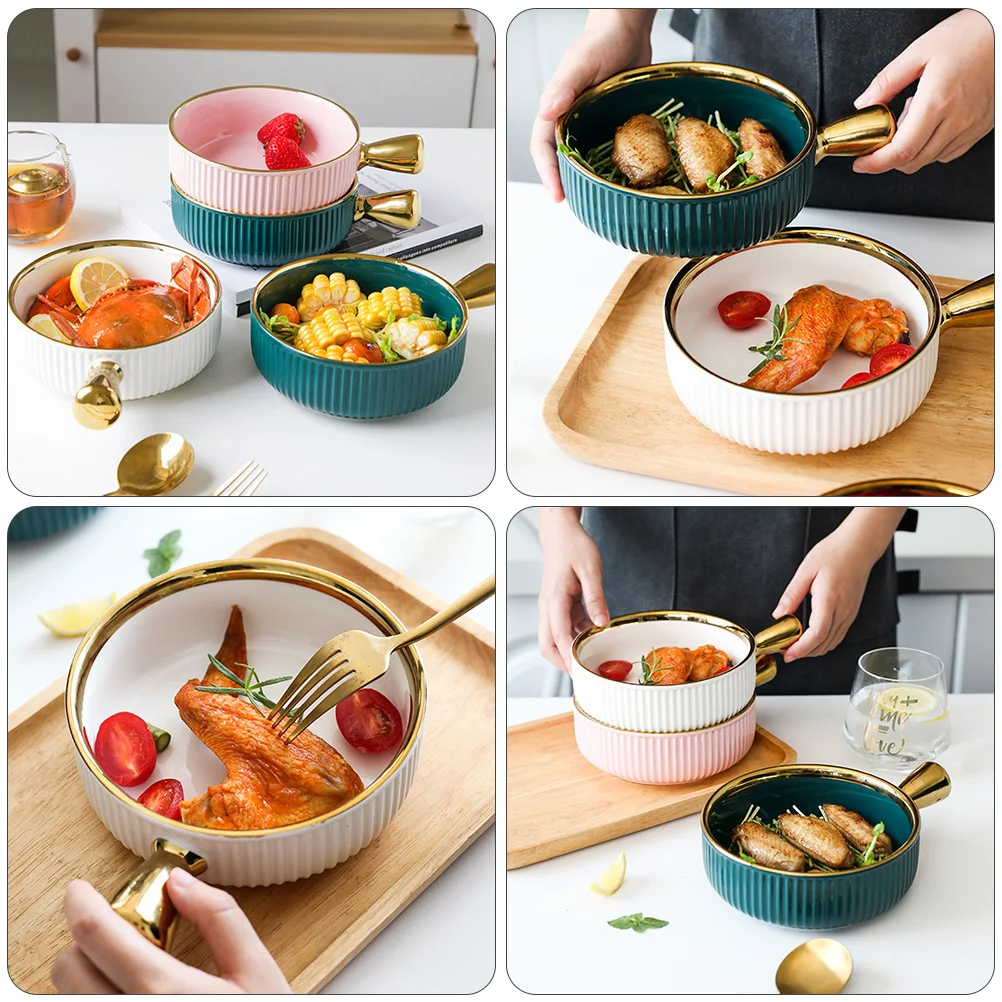 

1Pcs Ceramic Fruit Dessert Salad Bowl Simple Style Heat Insulation Handle Smooth Edges Creative Food Container for Family Party