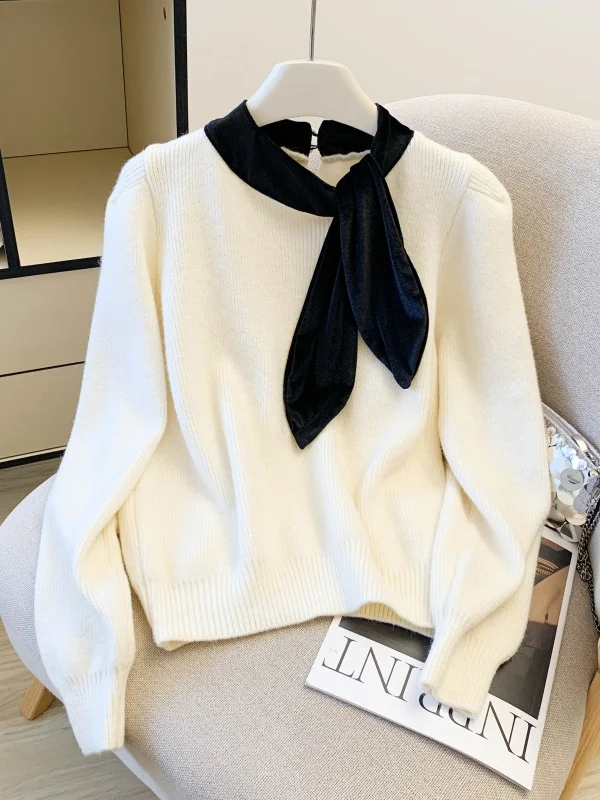 

Ele Long Sve round Ne Knitwear Women's Faion Design Silk Scarf Decorated Top White Sweater Casual Sle