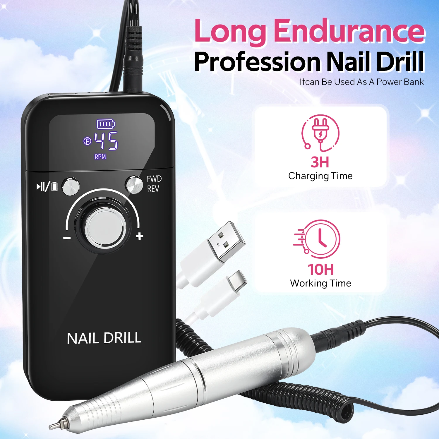 45000RPM Nail Drill Machine Portable Nail Polish Gel Sander Electric Professional Nail Lathe with LCD Display Nail Art Tools